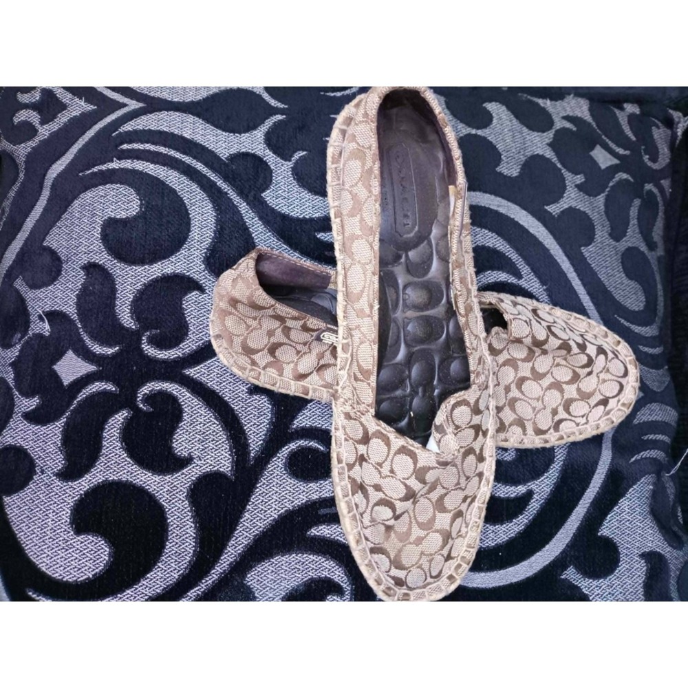 Coach Signature Canvas Espadrilles Khaki Brown Monogram Slip On Flats Shoes